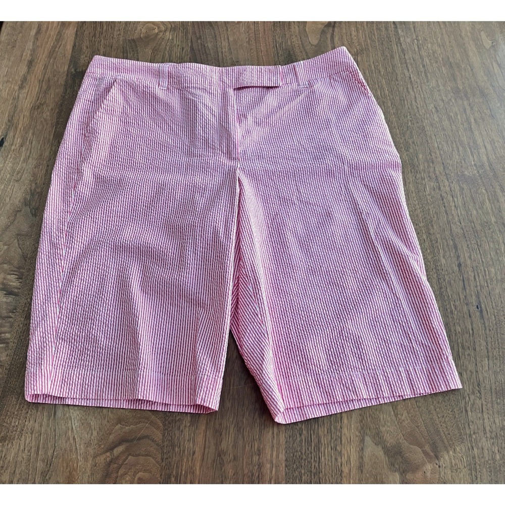 Talbots 16 Red White Seersucker Striped Stretch Bermuda Shorts Womens Preppy